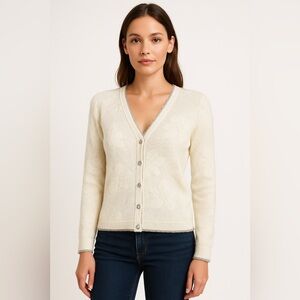 Blue Willi’s ivory floral button up cardigan sweater size XL floral sheer jewels